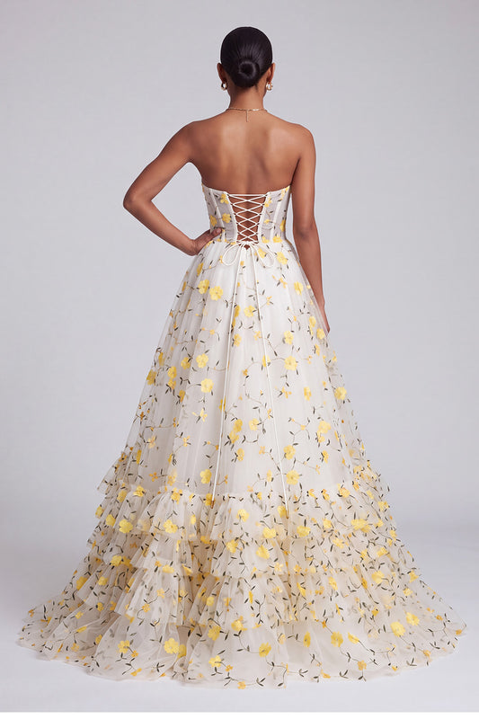 Light Yellow Corset Floral Sweetheart Tiered Ruffled Long Prom Dress