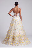 Light Yellow Corset Floral Sweetheart Tiered Ruffled Long Prom Dress