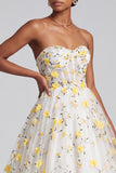 Light Yellow Corset Floral Sweetheart Tiered Ruffled Long Prom Dress
