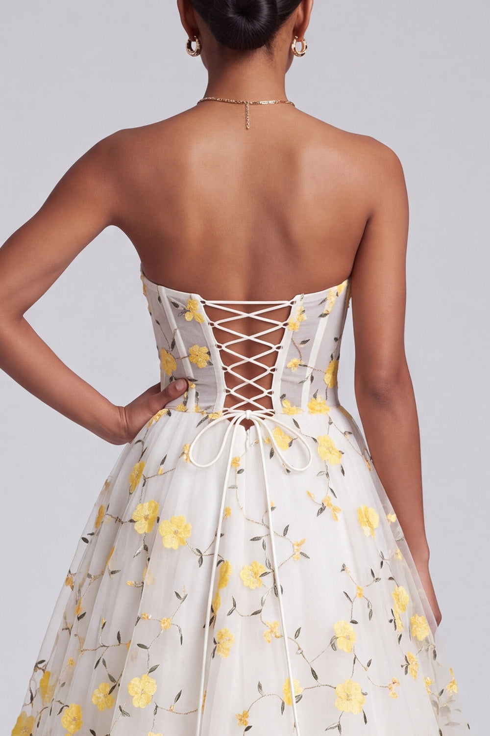 Light Yellow Corset Floral Sweetheart Tiered Ruffled Long Prom Dress