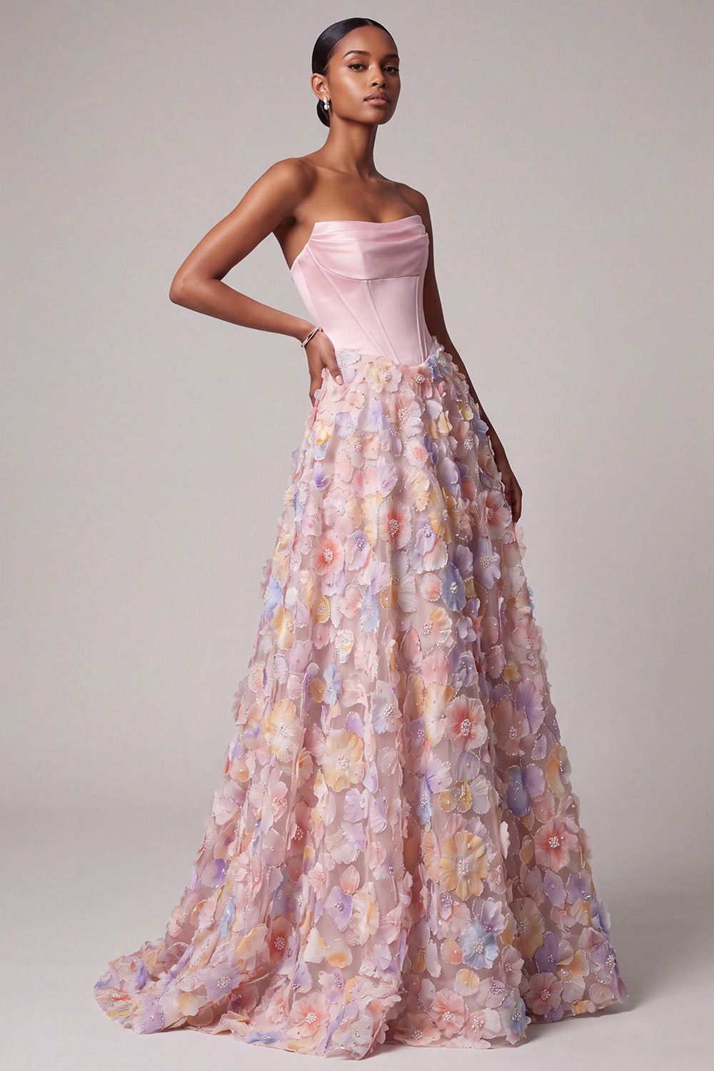 Pink Satin Corset A-Line Strapless Floral Long Prom Dress