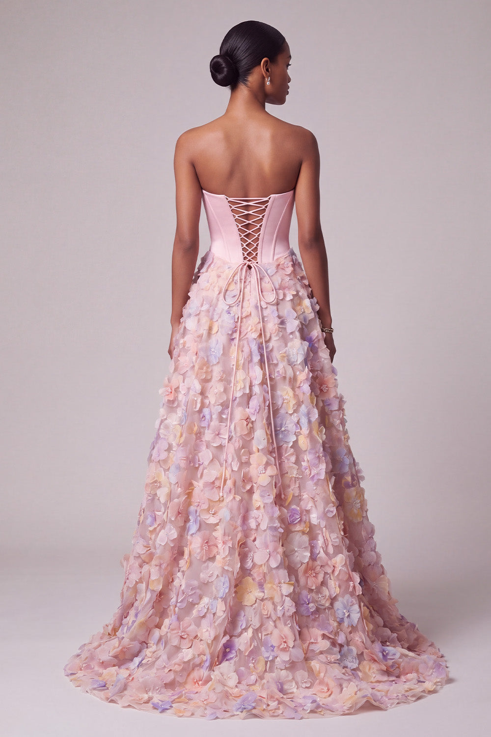 Pink Satin Corset A-Line Strapless Floral Long Prom Dress
