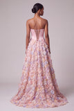 Pink Satin Corset A-Line Strapless Floral Long Prom Dress