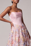 Pink Satin Corset A-Line Strapless Floral Long Prom Dress