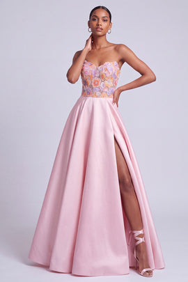 Pink Satin Floral A-Line Sweetheart Long Prom Dress with Slit