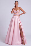 Pink Satin Floral A-Line Sweetheart Long Prom Dress with Slit