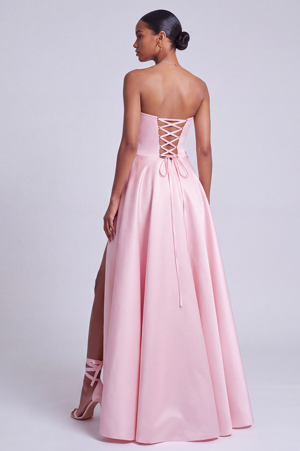 Pink Satin Floral A-Line Sweetheart Long Prom Dress with Slit