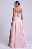 Pink Satin Floral A-Line Sweetheart Long Prom Dress with Slit