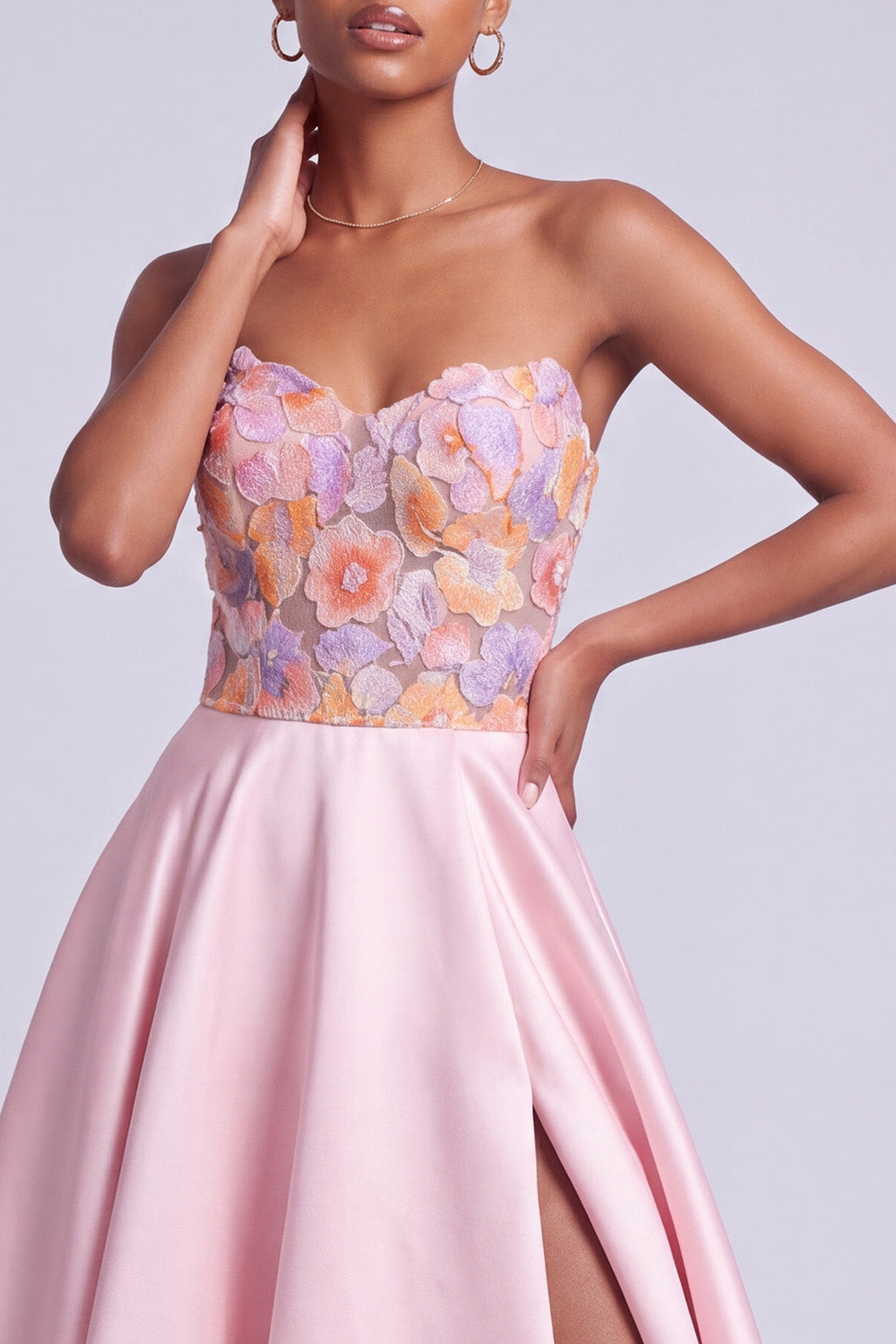 Pink Satin Floral A-Line Sweetheart Long Prom Dress with Slit