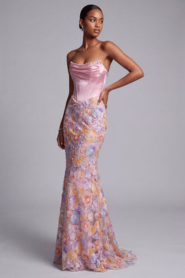 Pink Satin Corset Mermaid Floral Long Prom Dress with Beading