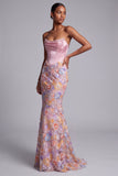 Pink Satin Corset Mermaid Floral Long Prom Dress with Beading