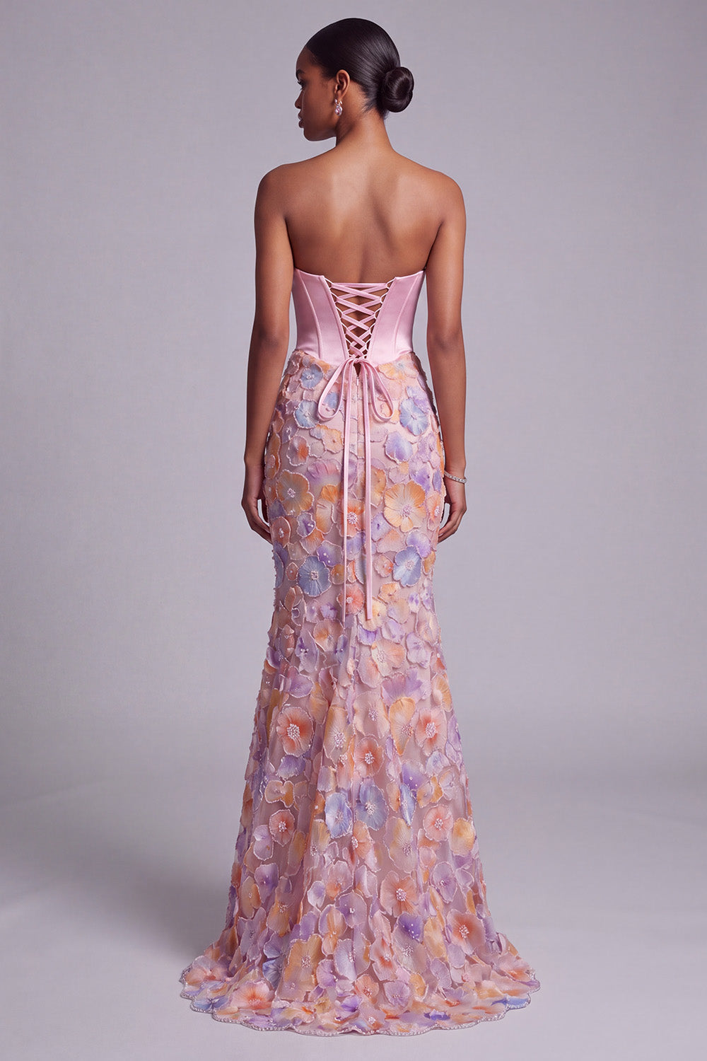 Pink Satin Corset Mermaid Floral Long Prom Dress with Beading
