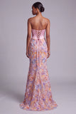 Pink Satin Corset Mermaid Floral Long Prom Dress with Beading