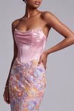 Pink Satin Corset Mermaid Floral Long Prom Dress with Beading