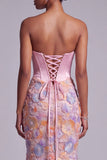 Pink Satin Corset Mermaid Floral Long Prom Dress with Beading