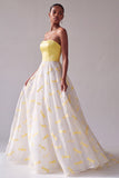 Yellow Embroidered Satin A-Line Strapless Long Prom Dress