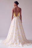 Yellow Embroidered Satin A-Line Strapless Long Prom Dress