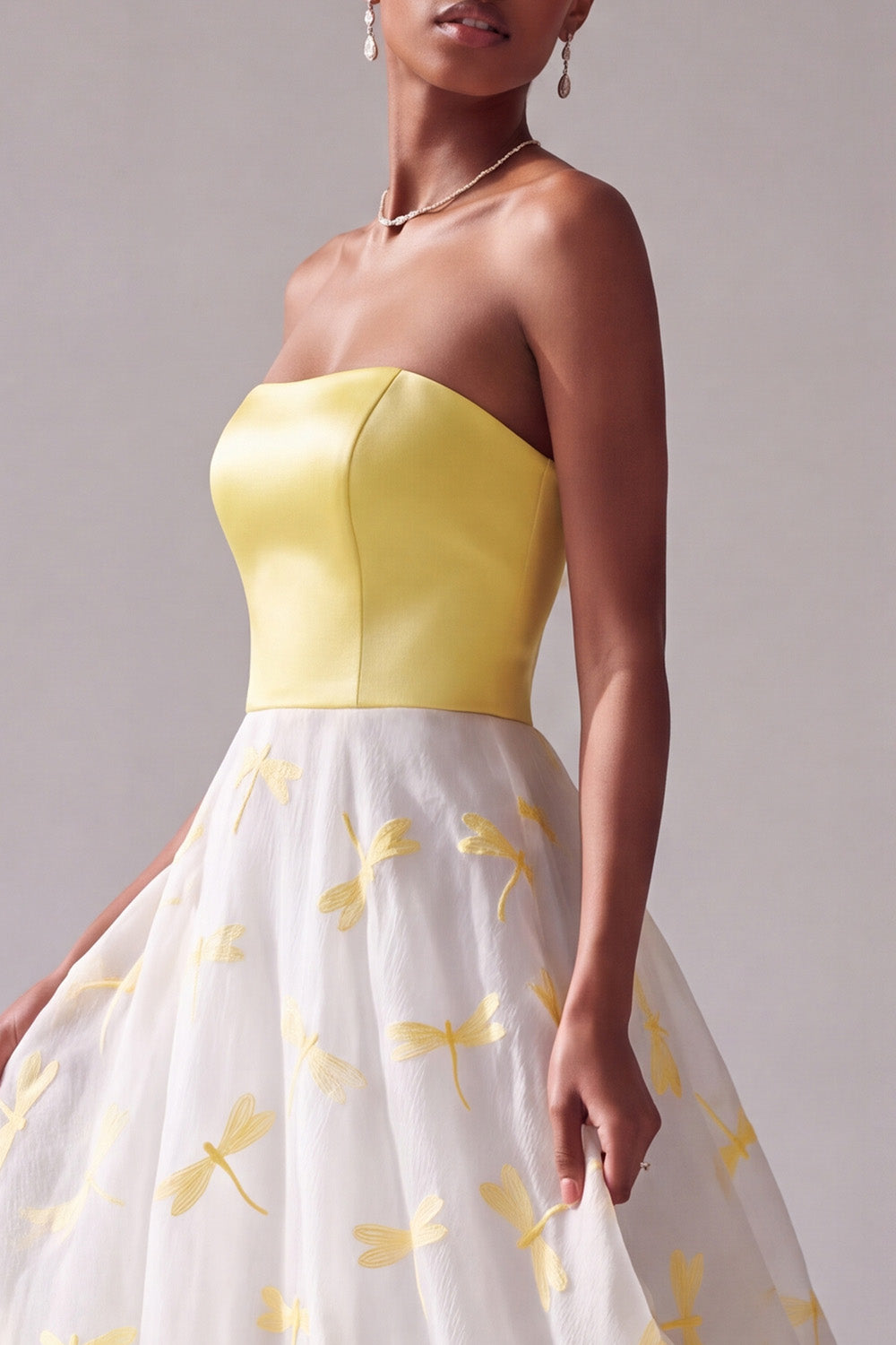 Yellow Embroidered Satin A-Line Strapless Long Prom Dress