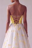 Yellow Embroidered Satin A-Line Strapless Long Prom Dress