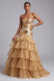 Sparkly Gold Sequins Keyhole Sweetheart Tiered Ruffled Long Prom Dress