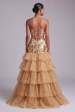 Sparkly Gold Sequins Keyhole Sweetheart Tiered Ruffled Long Prom Dress