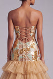 Sparkly Gold Sequins Keyhole Sweetheart Tiered Ruffled Long Prom Dress
