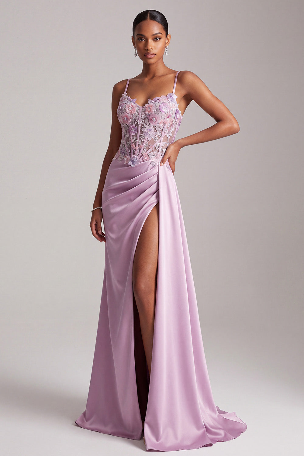 Light Purple Satin Corset Floral Ruched Long Prom Dress with Side Cape