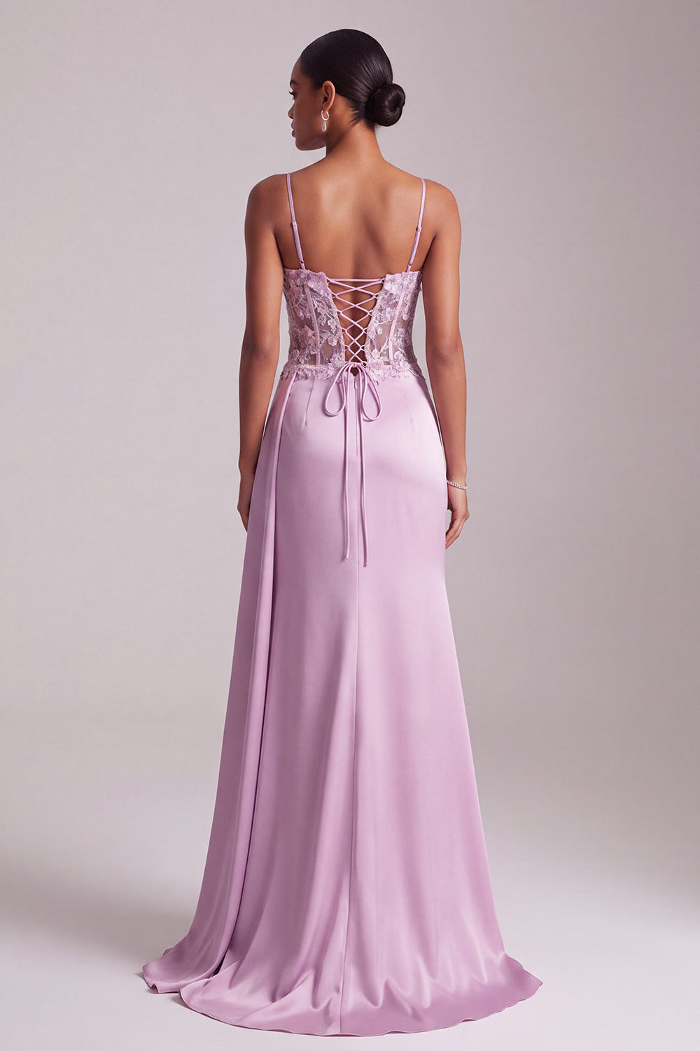 Light Purple Satin Corset Floral Ruched Long Prom Dress with Side Cape