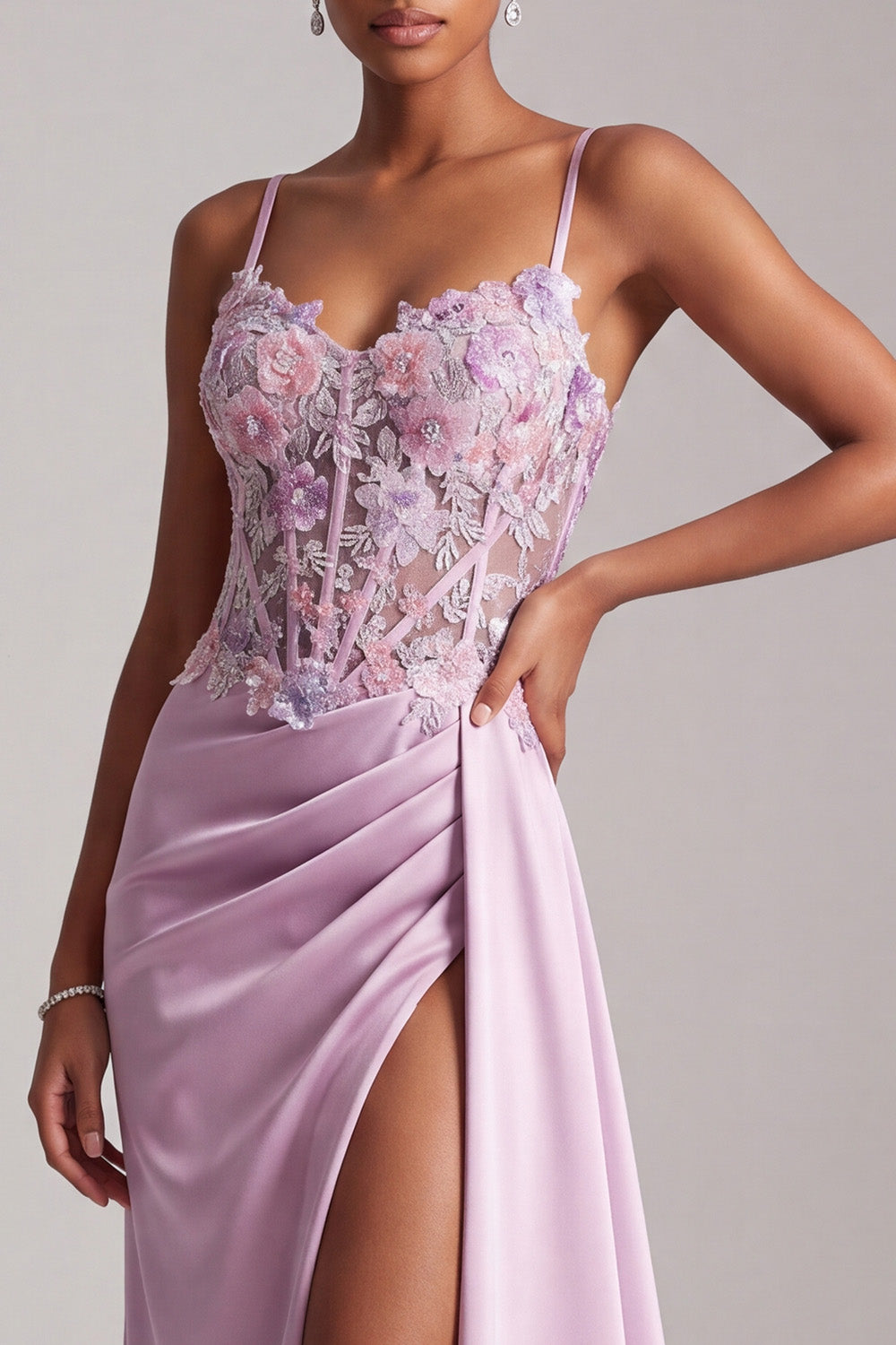 Light Purple Satin Corset Floral Ruched Long Prom Dress with Side Cape