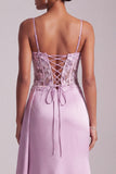 Light Purple Satin Corset Floral Ruched Long Prom Dress with Side Cape