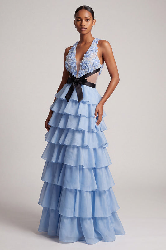 Light Blue Floral A-Line Tiered Ruffled Long Prom Dress with Bow