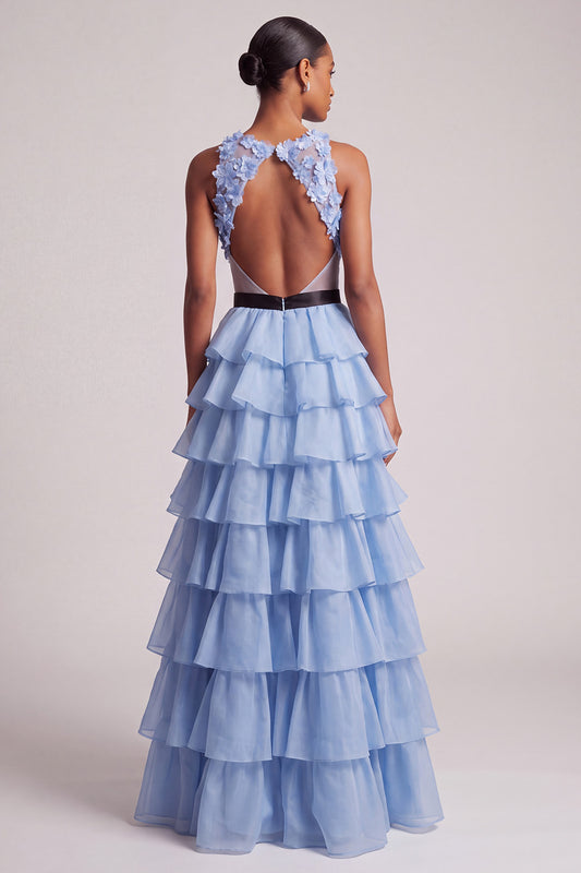 Light Blue Floral A-Line Tiered Ruffled Long Prom Dress with Bow