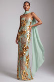 Sparkly Gold Sheath Strapless Sequins Long Prom Dress with Neck Scarf