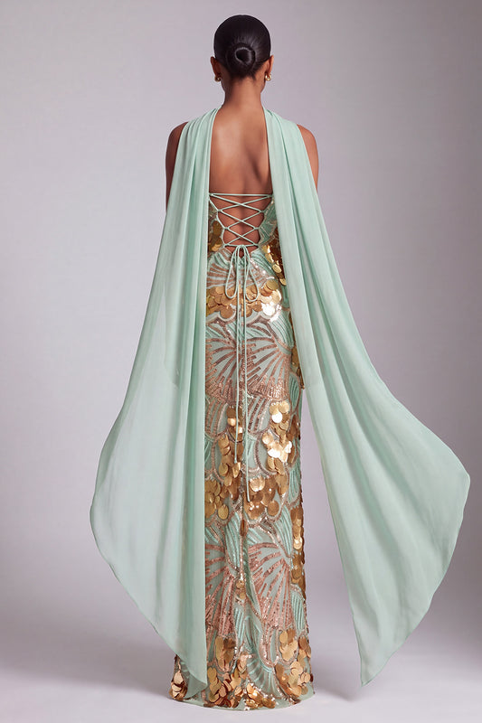 Sparkly Gold Sheath Strapless Sequins Long Prom Dress with Neck Scarf