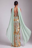 Sparkly Gold Sheath Strapless Sequins Long Prom Dress with Neck Scarf