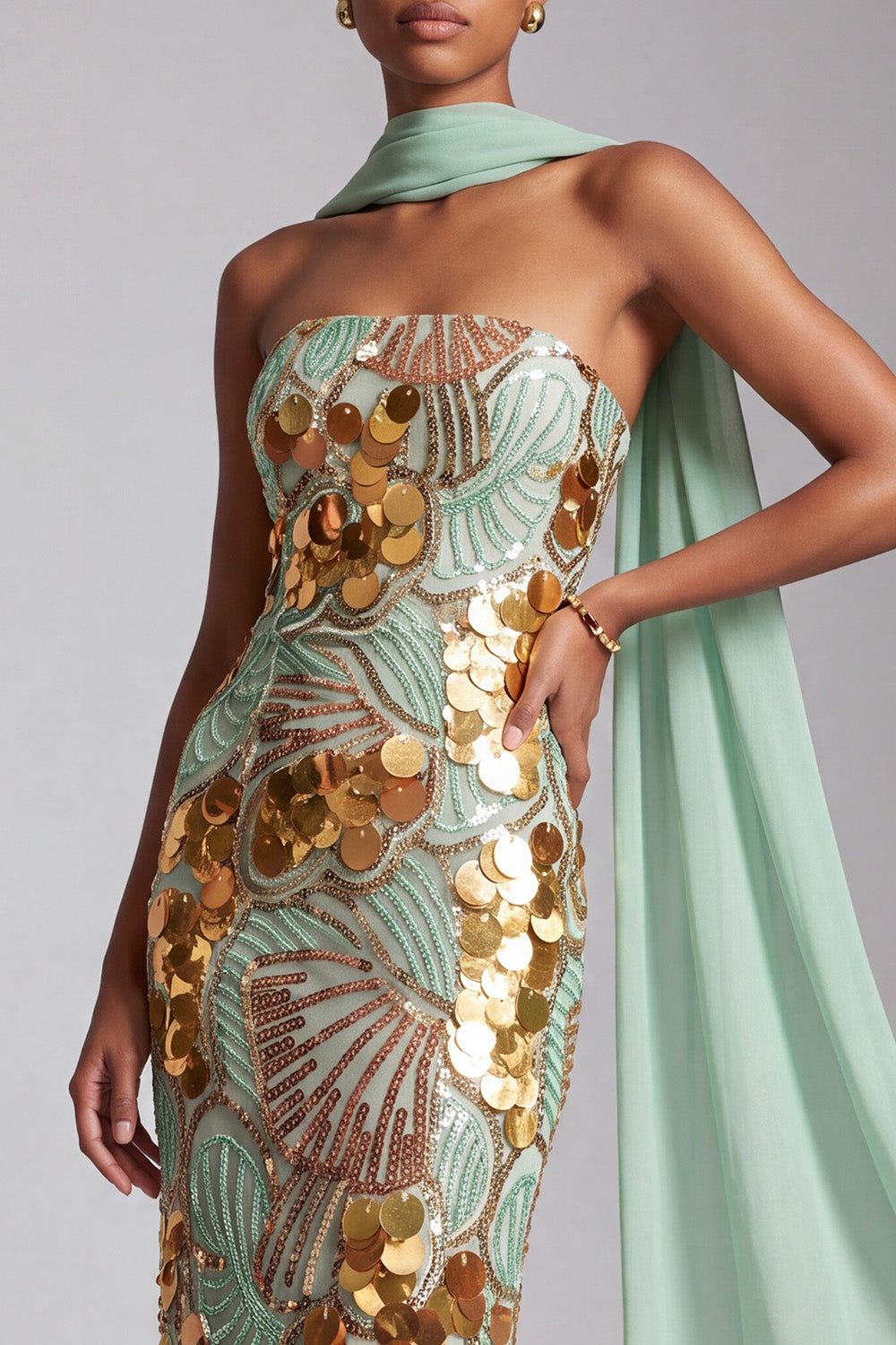 Sparkly Gold Sheath Strapless Sequins Long Prom Dress with Neck Scarf