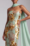 Sparkly Gold Sheath Strapless Sequins Long Prom Dress with Neck Scarf