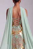 Sparkly Gold Sheath Strapless Sequins Long Prom Dress with Neck Scarf