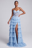 Light Blue Corset Sweetheart Tiered Ruffled Long Prom Dress with Slit