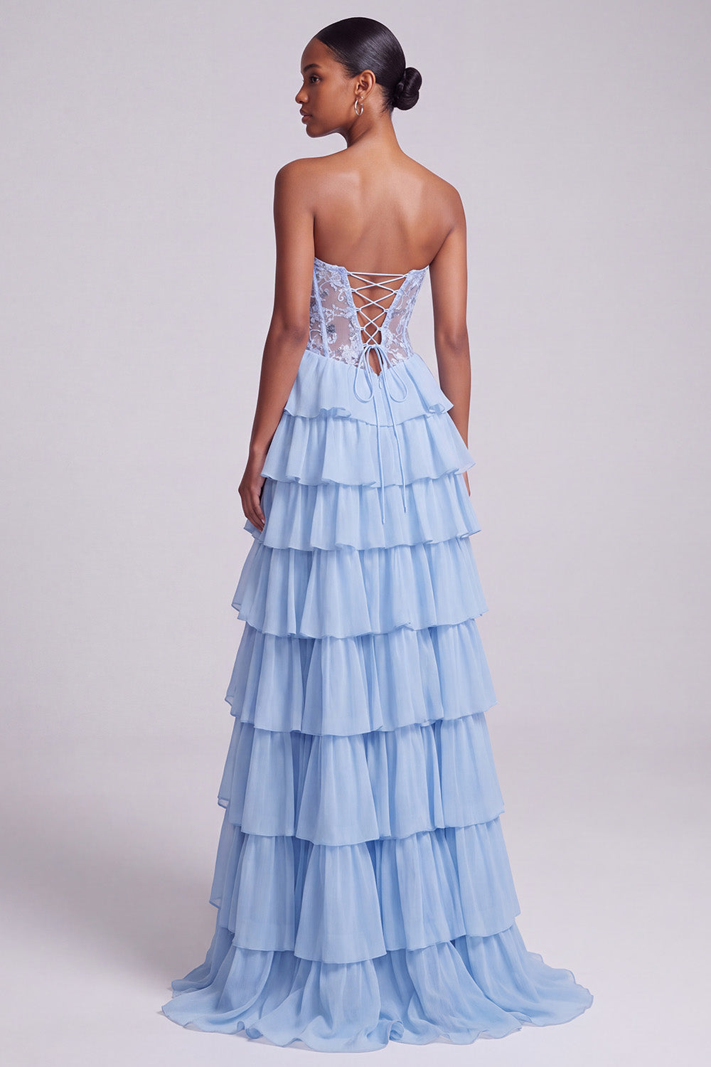 Light Blue Corset Sweetheart Tiered Ruffled Long Prom Dress with Slit