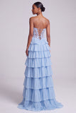 Light Blue Corset Sweetheart Tiered Ruffled Long Prom Dress with Slit