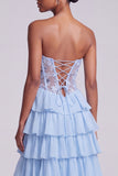 Light Blue Corset Sweetheart Tiered Ruffled Long Prom Dress with Slit