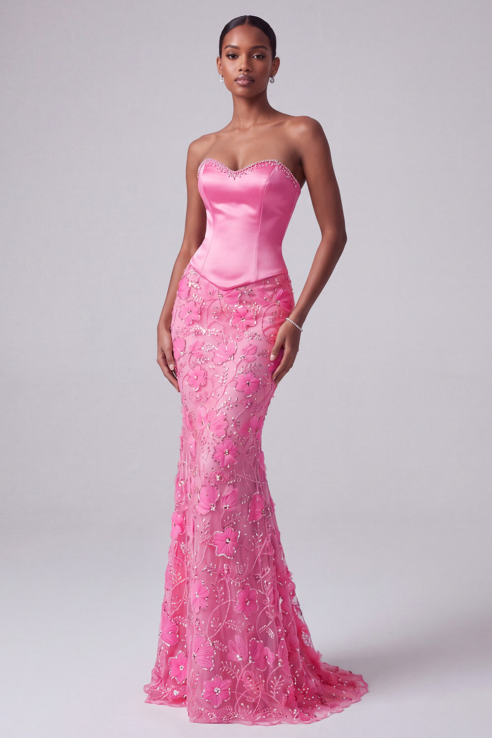Hot Pink Floral Satin Corset Mermaid Long Prom Dress with Beading