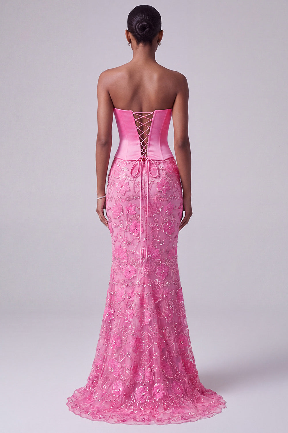 Hot Pink Floral Satin Corset Mermaid Long Prom Dress with Beading