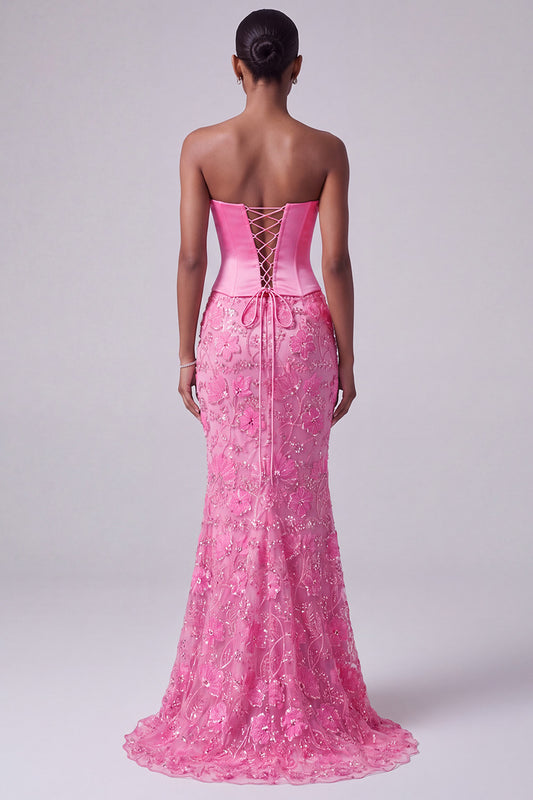 Hot Pink Floral Satin Corset Mermaid Long Prom Dress with Beading