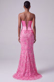 Hot Pink Floral Satin Corset Mermaid Long Prom Dress with Beading