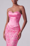 Hot Pink Floral Satin Corset Mermaid Long Prom Dress with Beading