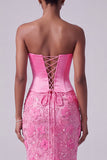 Hot Pink Floral Satin Corset Mermaid Long Prom Dress with Beading