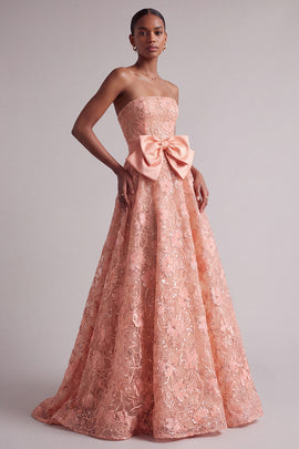 Sparkly Peach Sequins A-Line Floral Long Prom Dress with Bow