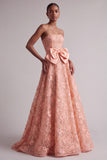 Sparkly Peach Sequins A-Line Floral Long Prom Dress with Bow